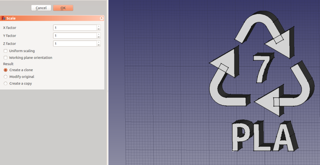 Screenshot showing the scaling options in FreeCAD